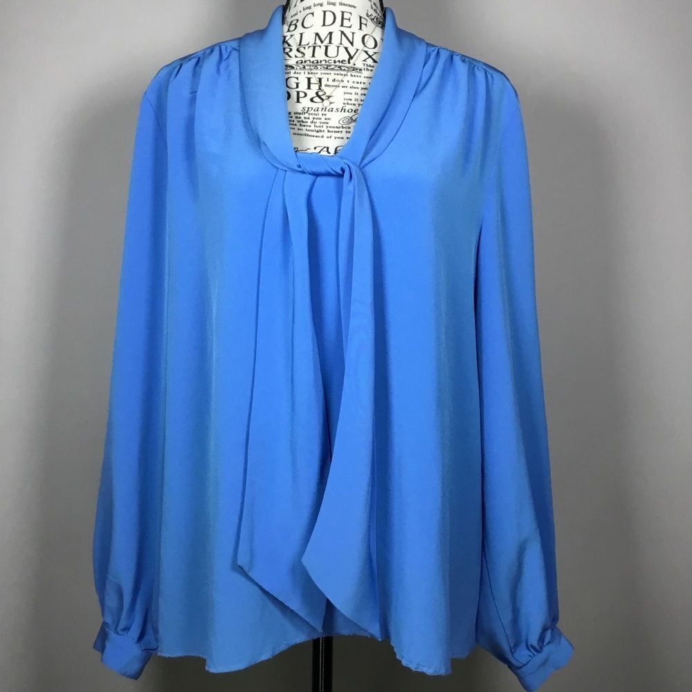 Bright blue slightly sheer blouse bow tie front elegant business casual office L